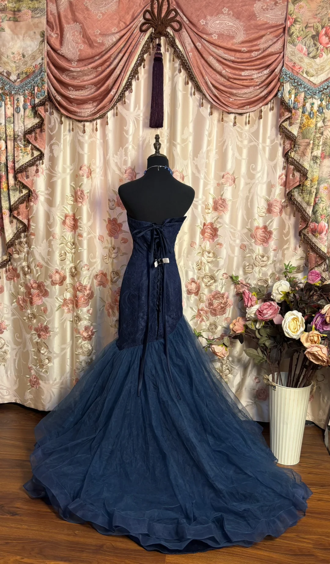 Navy Blue Lace Prom Dress Mermaid Evening Gown Elegant