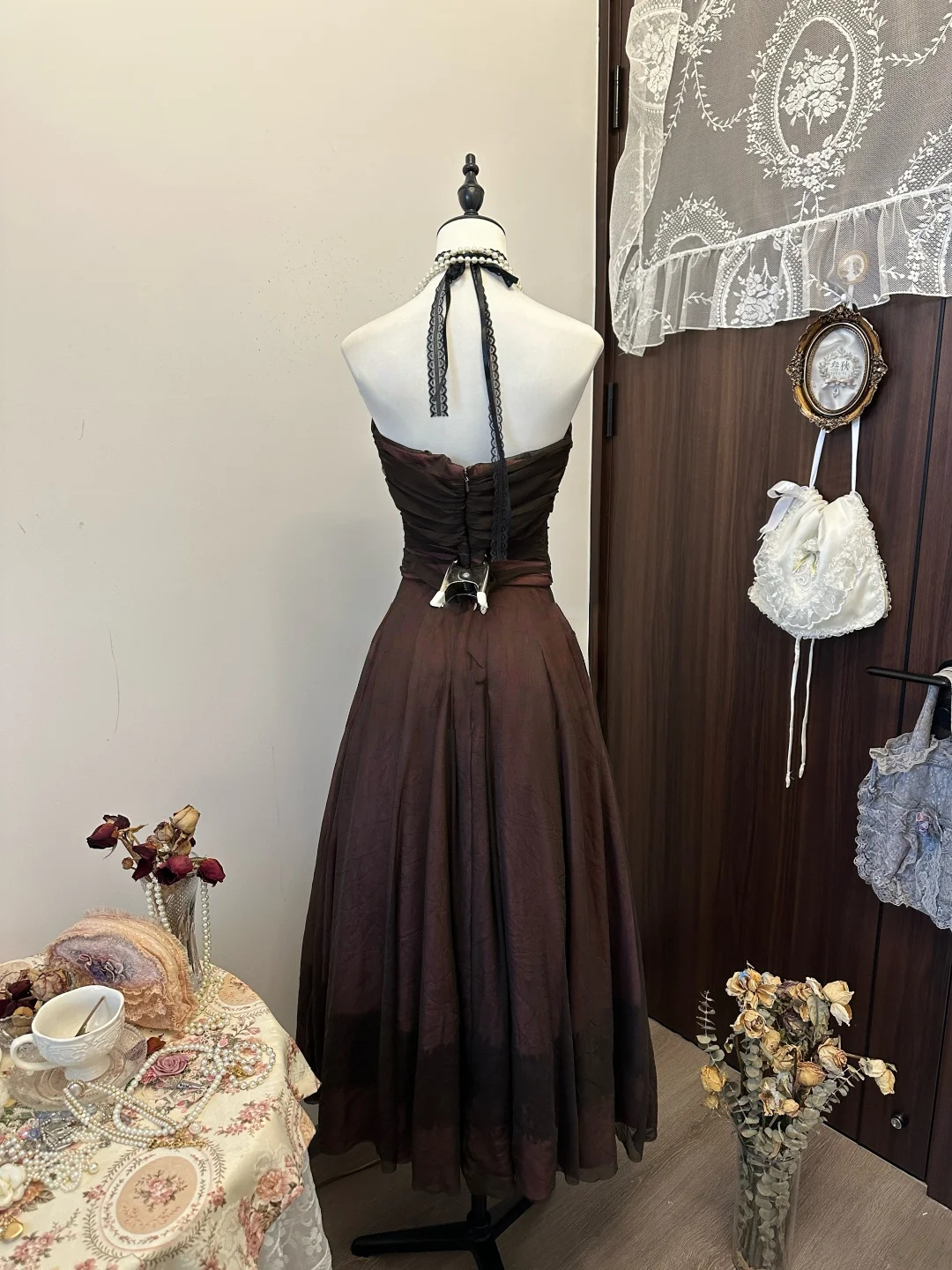Vintage Strapless A Line Prom Dress Brown Formal Evening Party Outfit
