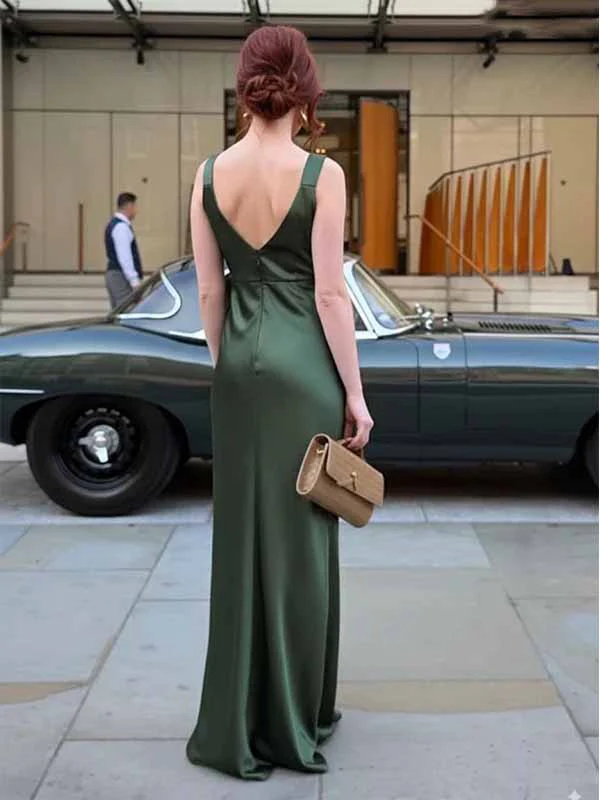 Simple Satin Dark Green V-Neck Maxi Dress Wedding Guest Dresses