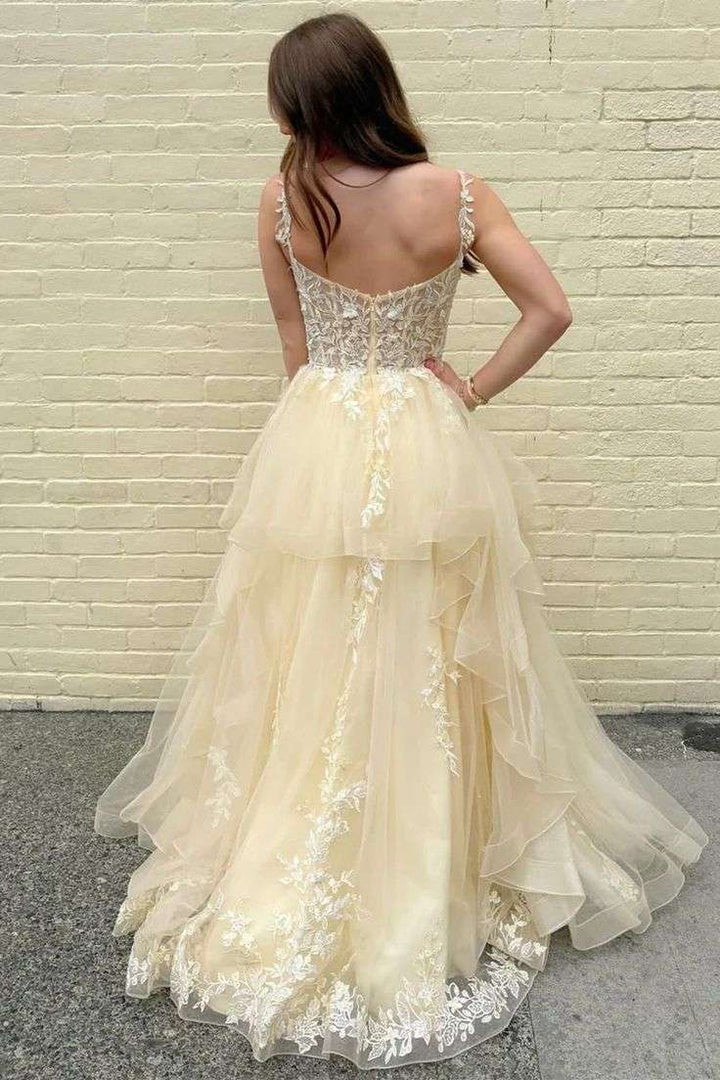 Unique Lace Appliques Ruffles Long Prom Outfits Holiday Dresses Party