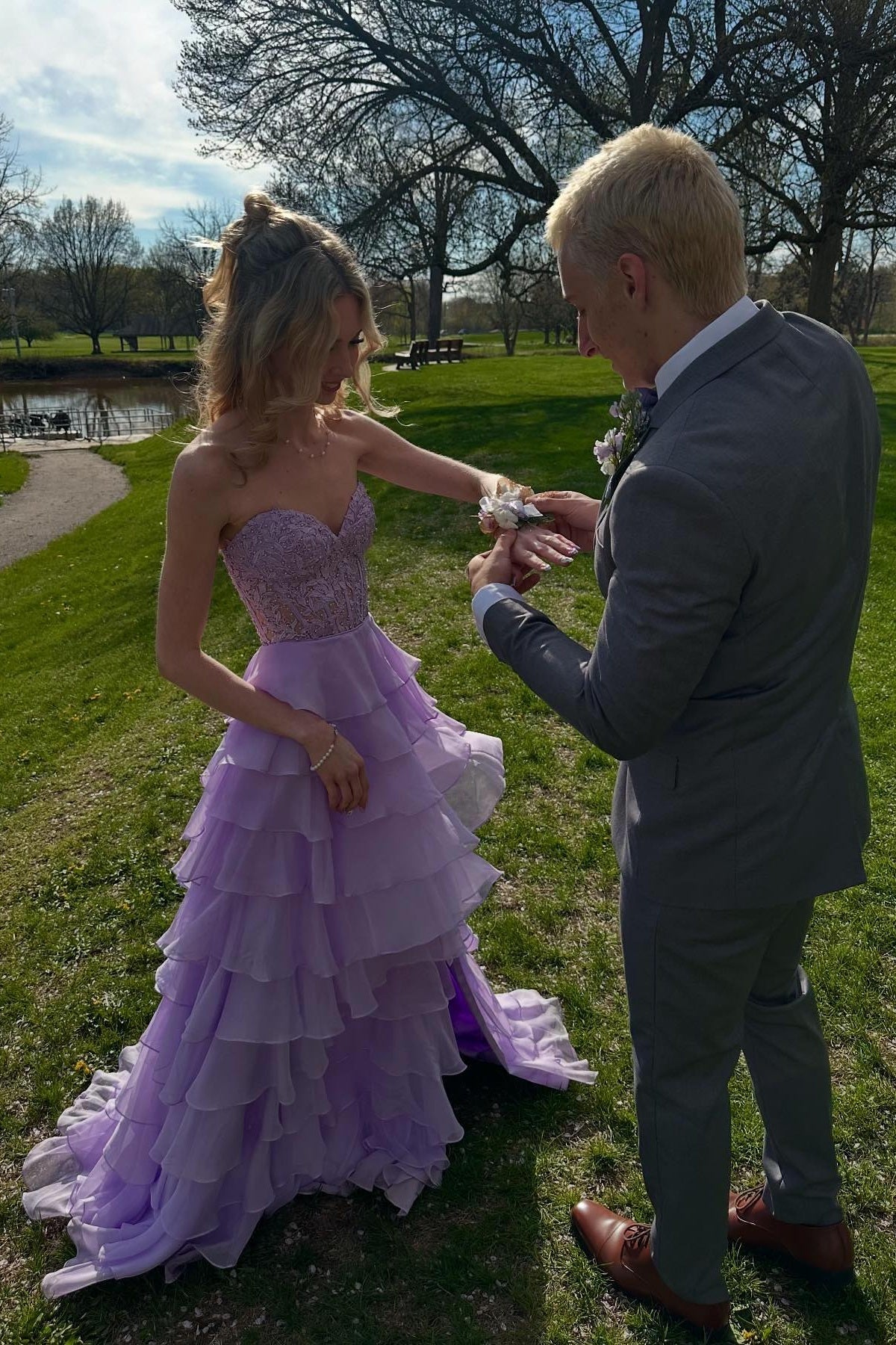 Elegant Ruffle Long Prom Dresses A Line High Slit Dress Outfit