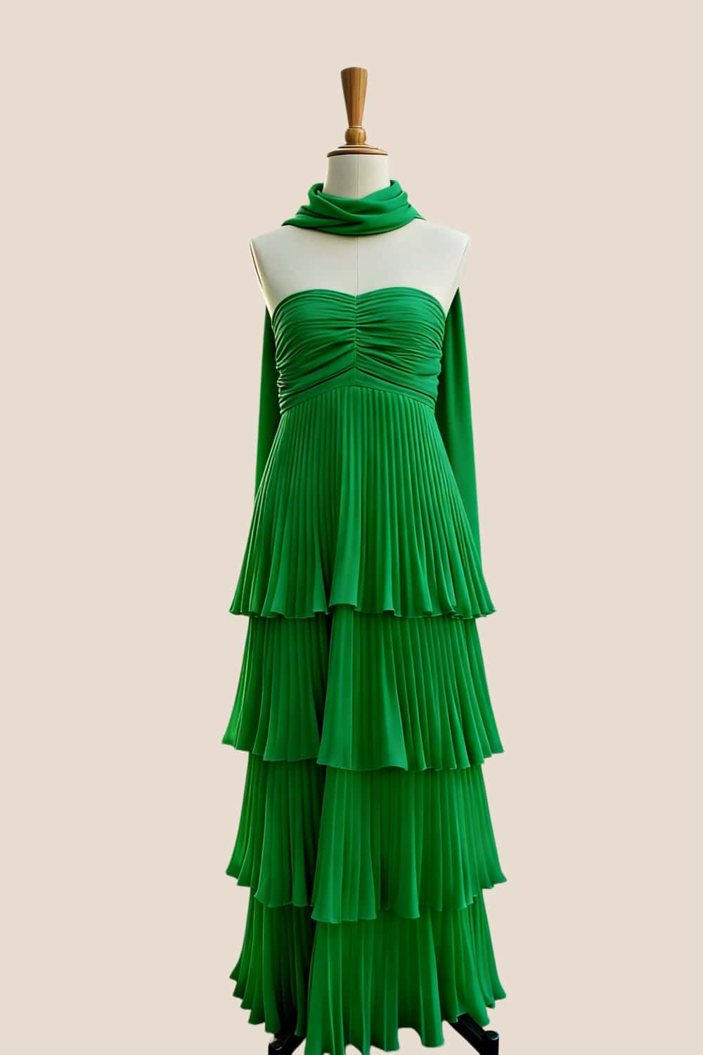 Yellow Pleated Tiered Maxi Dress with Scarf Long Prom Dresses
