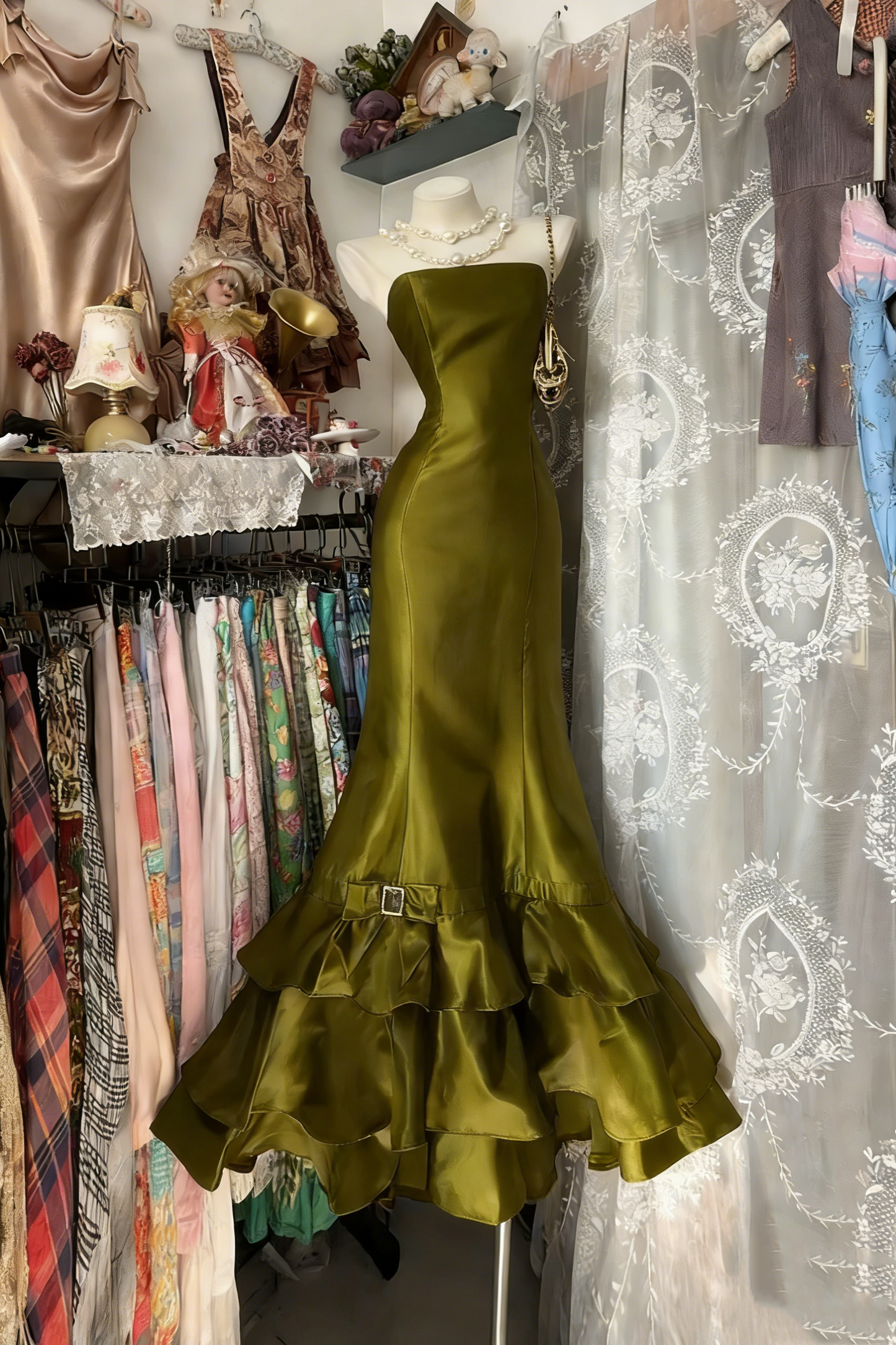 Strapless Royal Blue Satin Prom Dress Mermaid Tiered Ruffled Skirt Formal Dresses