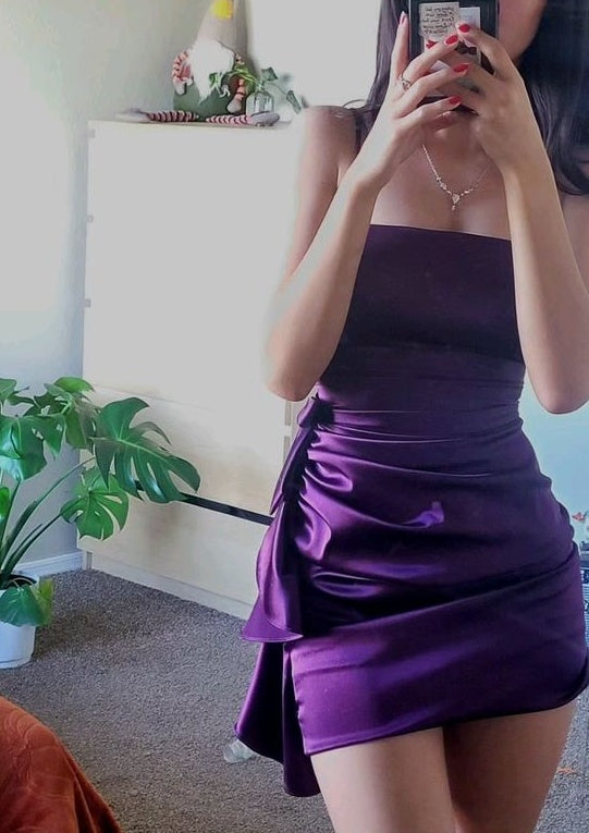 Vibrant Purple Satin Strapless Mini Dress Playful Side Ruffle