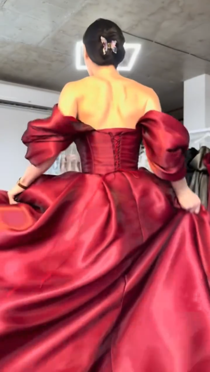 Burgundy Ball Gown Off The Shoulder Satin Beaded Puffed Sleeves Prom Gown