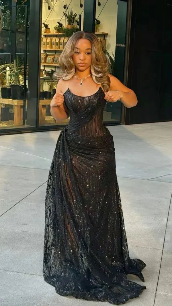 Sparkly Black Long Prom Dress with Slit Sequin Evening Dresses