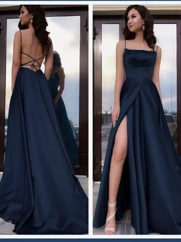 Elegant A Line Prom Dress with Slit Straps Navy Blue Party Dresses