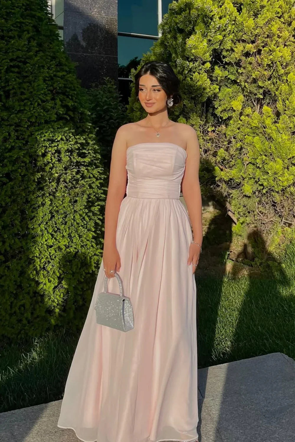 Strapless A-Line Chiffon Long Maxi Dresses Wedding Guest Dress With Scarf