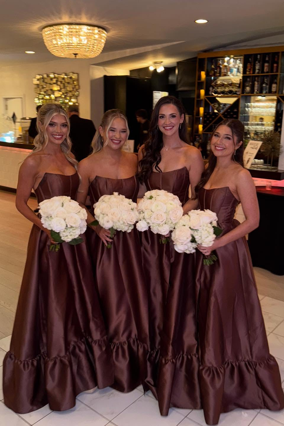Strapless Brown Ruffle Hem Bridesmaid Dress Long Satin Wedding Guest Dresses