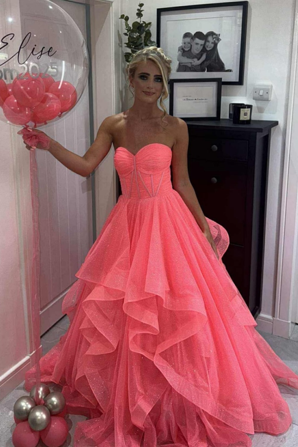 Strapless Coral Ruffle Tiered Sparkle Tulle Long Dress