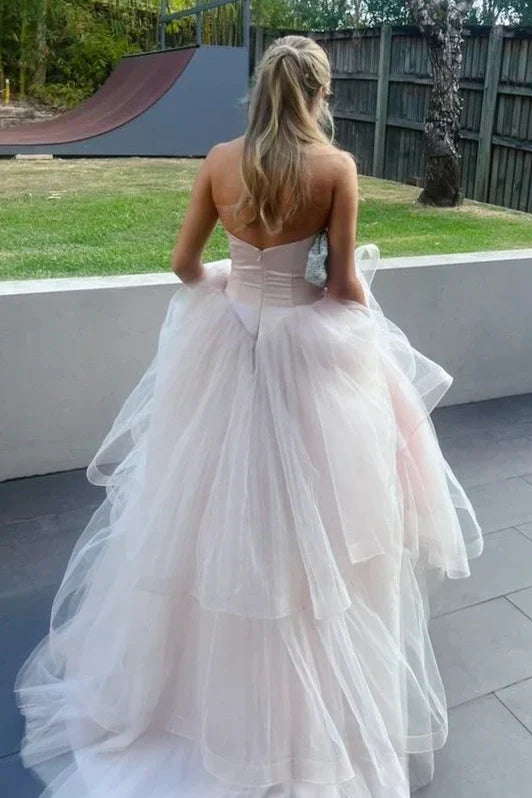 Sweetheart Strapless Satin And Tulle Tiered Party Prom Dresses