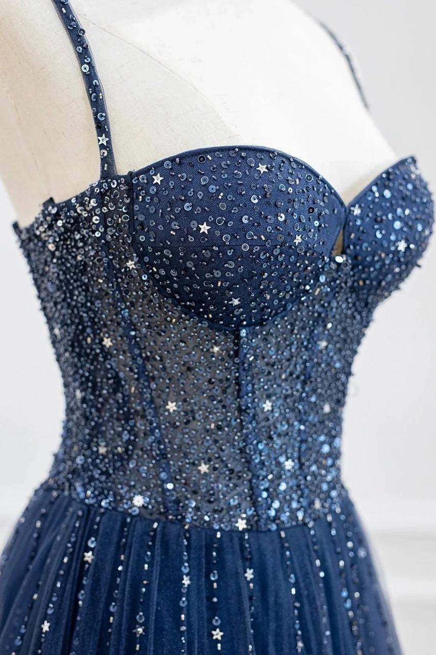 Classy Tulle Prom Dresses Navy Blue Beaded Long Formal Evening Gowns