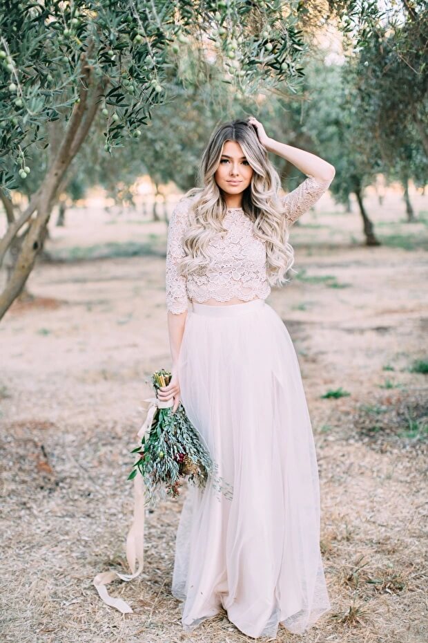 Lace Two Piece Wedding Dress Beach Bridal Separates with Sleeve jkprom Lace Two Piece Wedding Dress Beach Bridal Separates with Sleeve jkprom