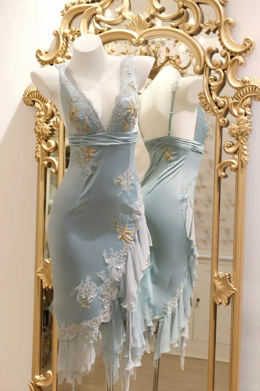 Baby Blue Sheath Wedding Party Dress V Neck Ruffle Short Homecoming Dress Outfits