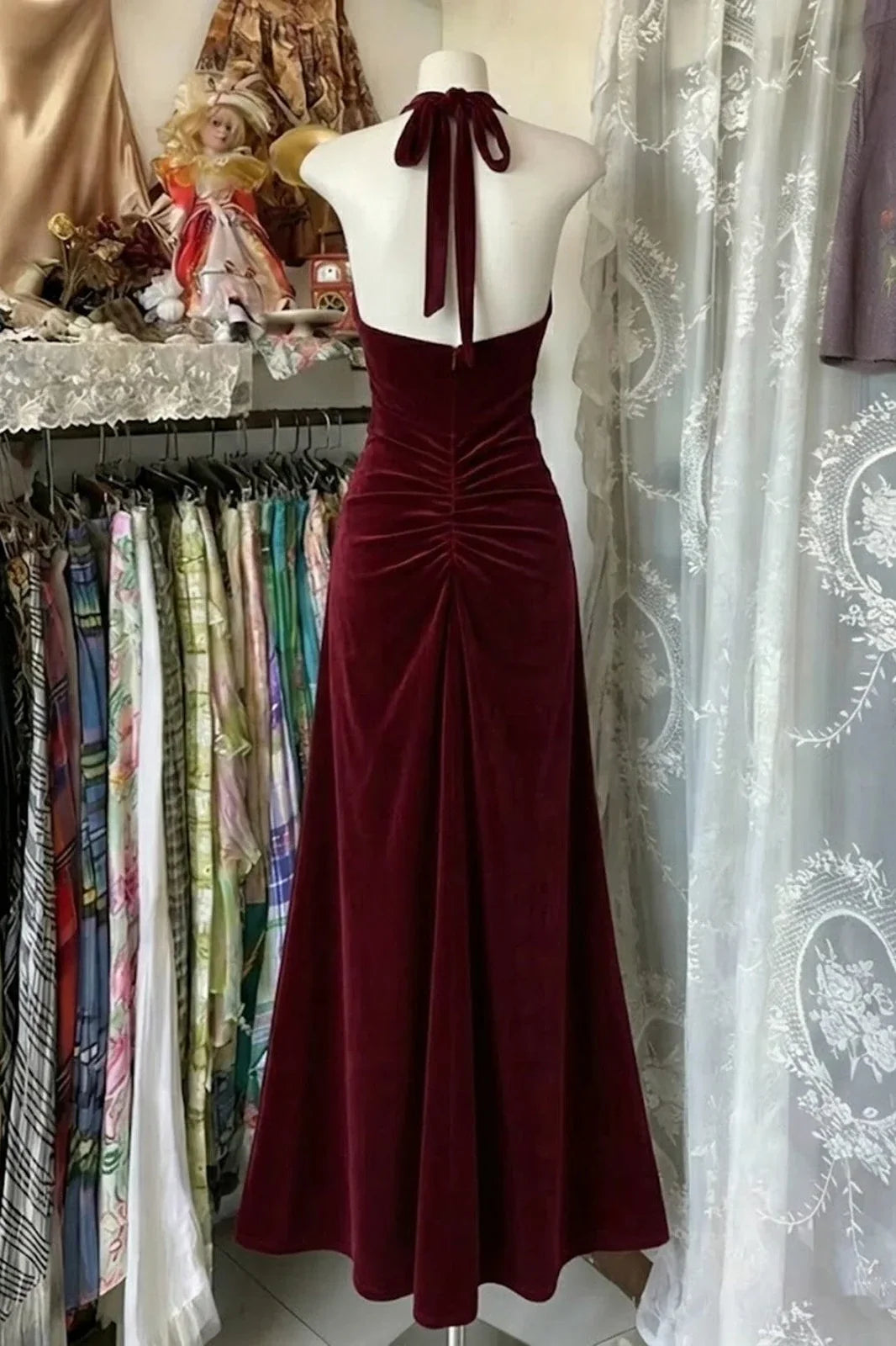 Velvet Halter Prom Outfit Backless A-Line Classic Wedding Party Dress