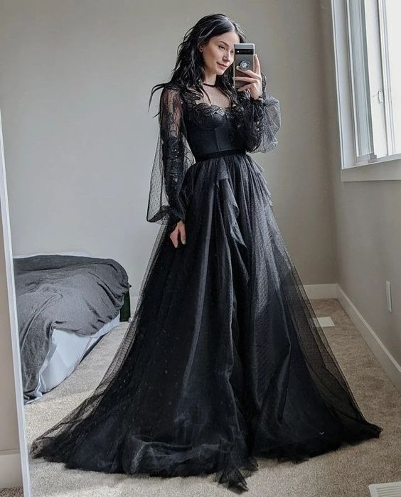 Elegant A-line Black Prom Dress Long Sleeve Formal Evening Gown – jkprom