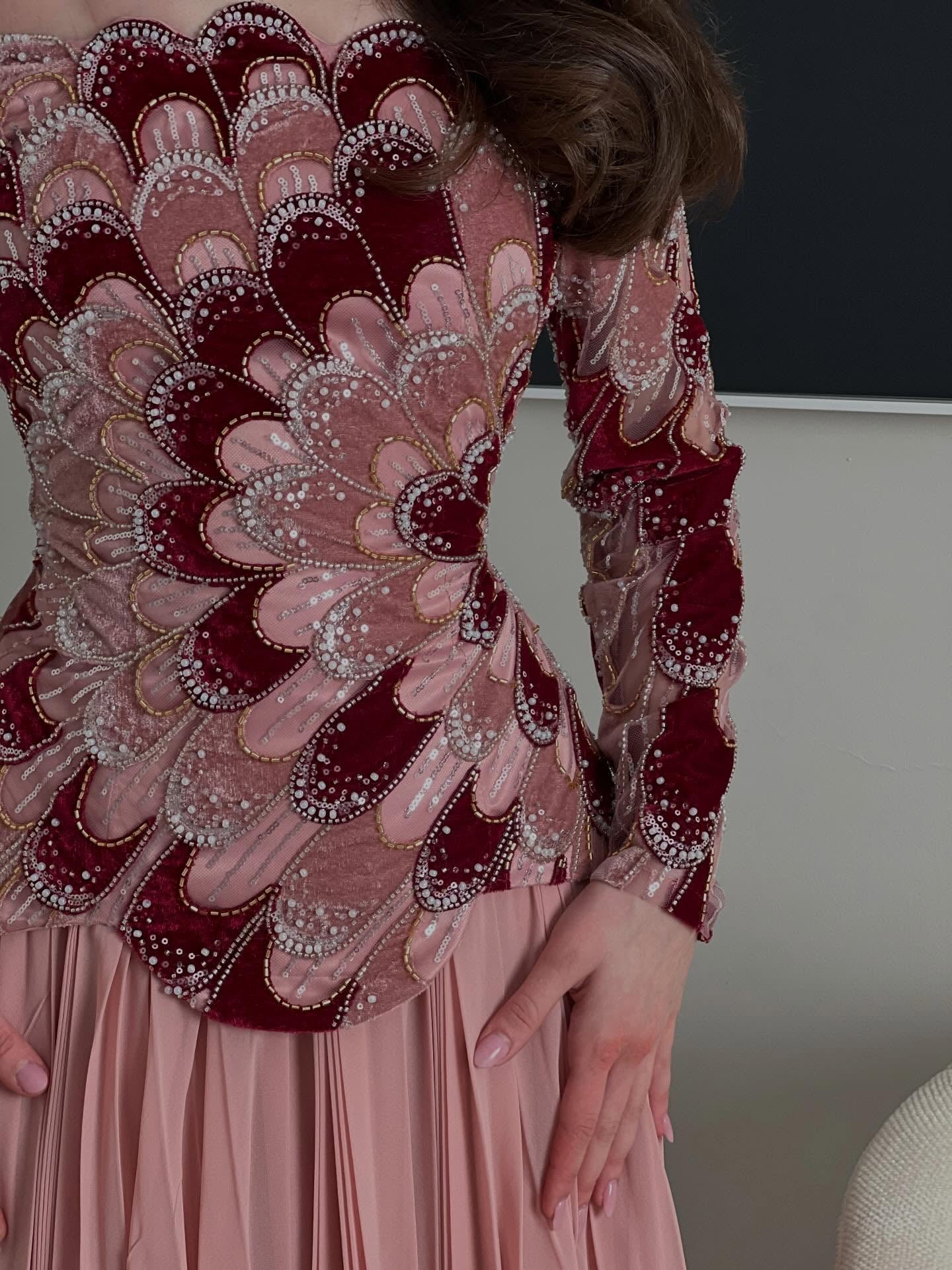 Pink Prom Dress Ball Gowns Off Shoulder Long Sleeve