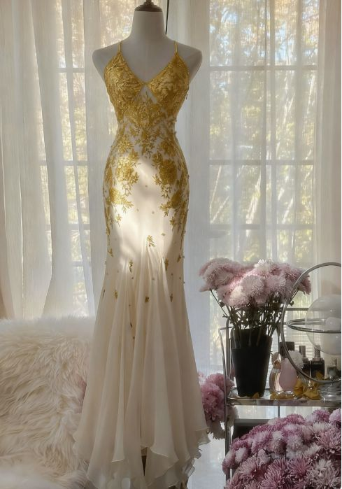 Elegant Spaghetti Strap Mermaid Long Prom Gown Chiffon Applique Gold Formal Dress