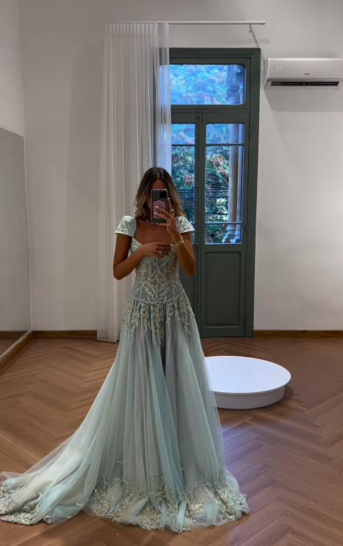 Baby Blue A Line Dress Wedding Guest Dress Exquisite Beaded Tulle Prom – jkprom