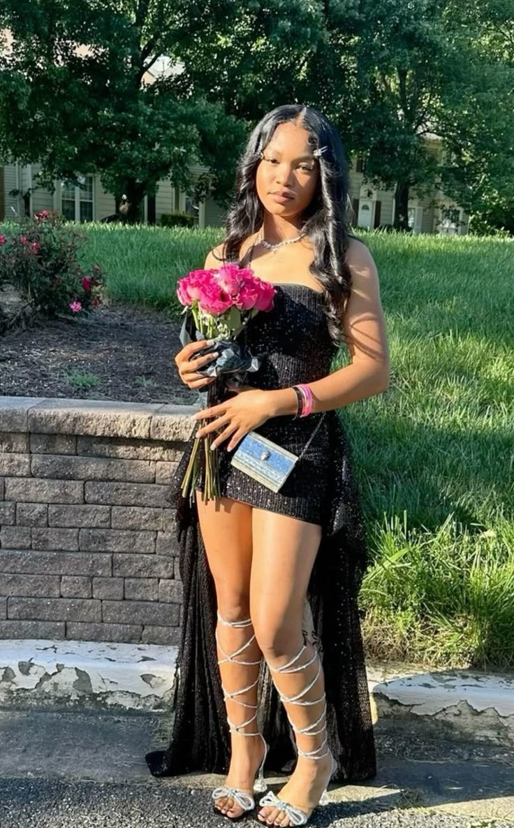 Black Sequin Senior Hoco Dress Strapless Party Cocktail Gown