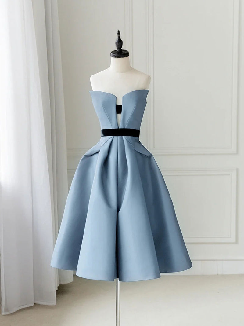 Blue Satin A-line Homecoming Dress, Fancy Party Dresses