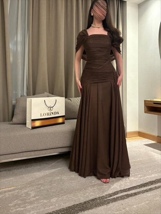 Long Brown Ruched Prom Dress Formal Evening Gown