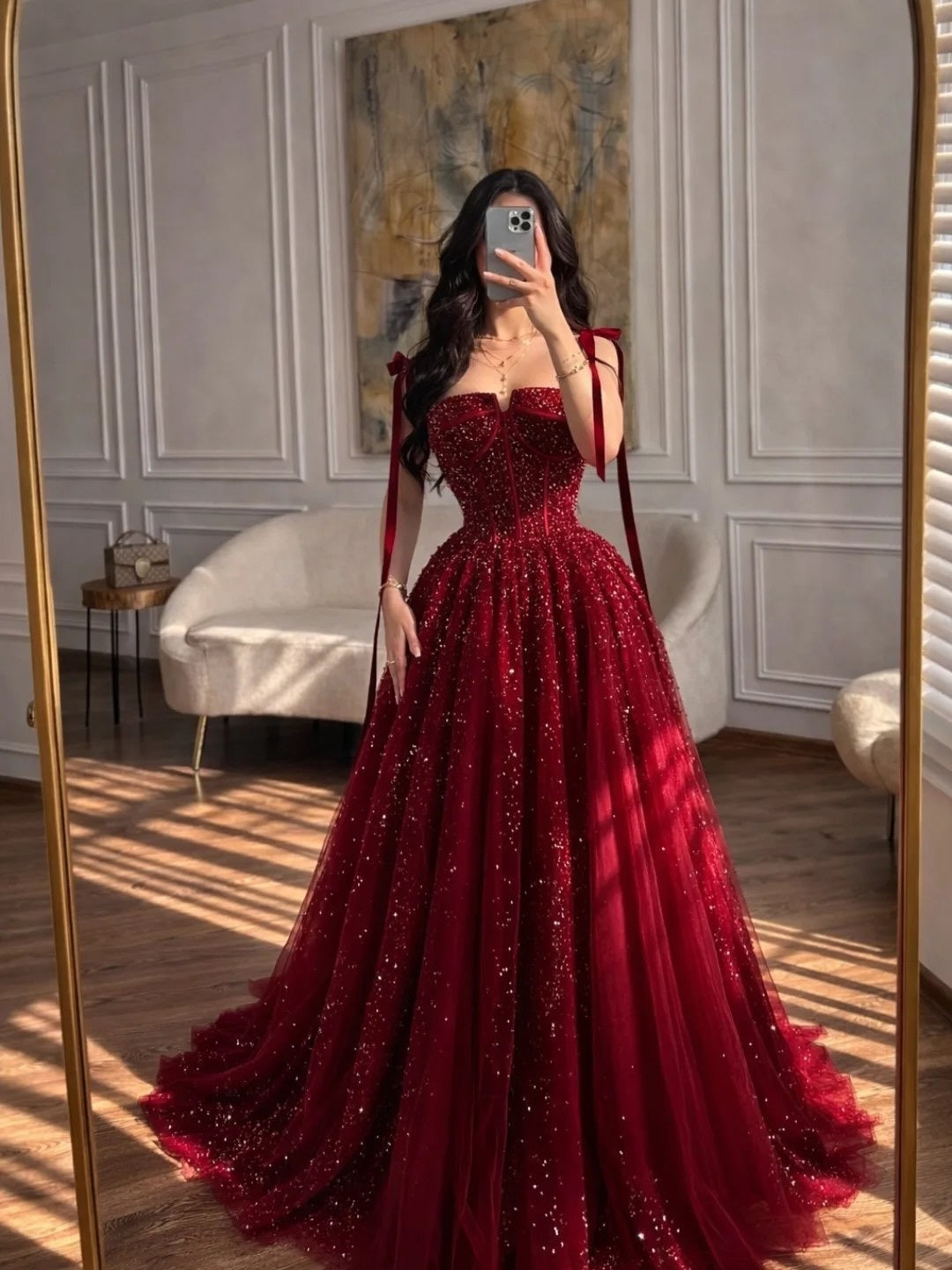 red birthday dress sparkly Dark Prom Long Classy A Line Gown – jkprom Spaghetti Straps Backless Black clutch in one hand MOONSTRUCK Color:Bone