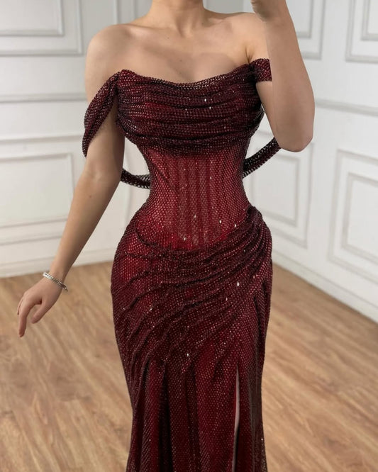Sparkly High Thigh Slit Burgundy Prom Dress