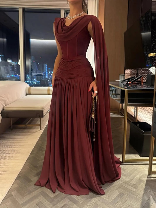 Romantic Ruched Chiffon Prom Dress Long A-line Party Outfits