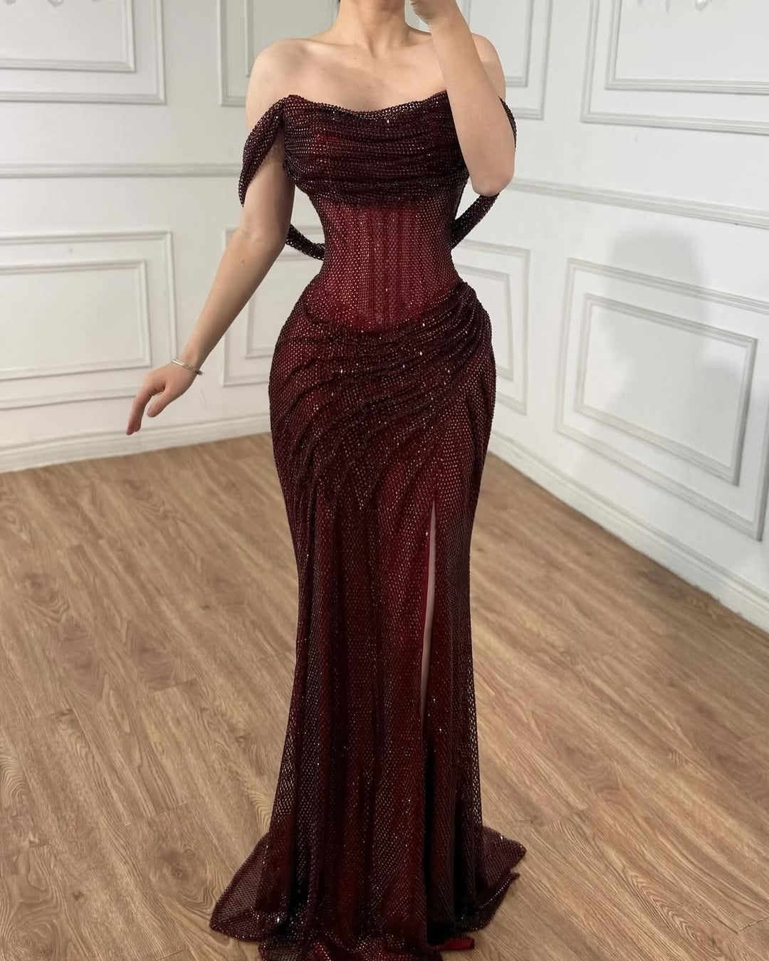 Sparkly High Thigh Slit Burgundy Prom Dress