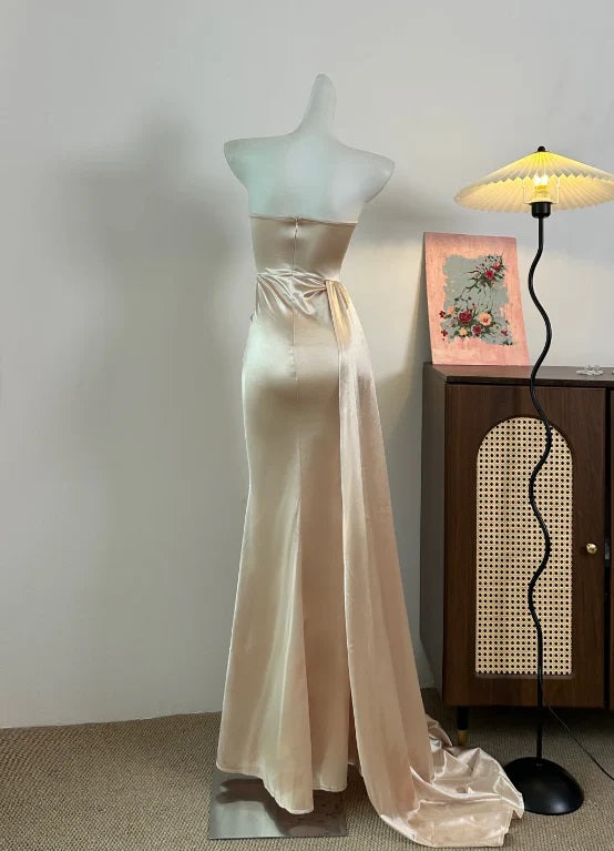 Champagne Mermaid Satin Long Prom Dress Flowing Side Train