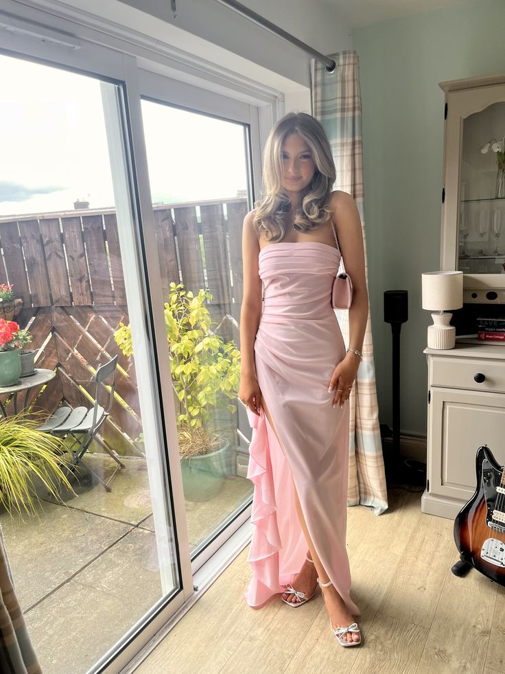 Pink Sheath Long Prom Dress with Slit Strapless Wedding Party Dresses