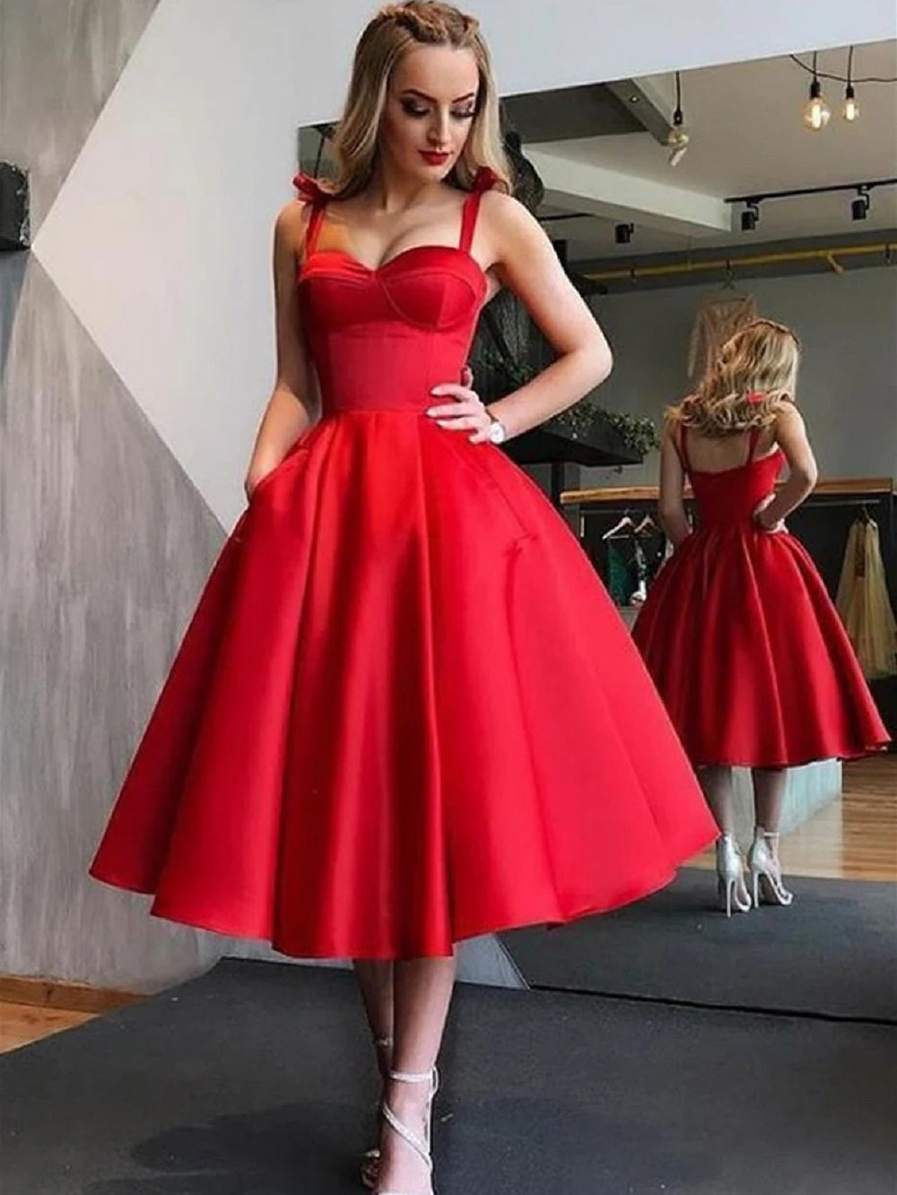 Princess Red Satin Prom Dress Tea Length Homecoming Dresses with Pocket