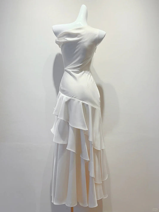 Elegant Mermaid Evening Dress Ruffle Satin Wedding Guest Outfit