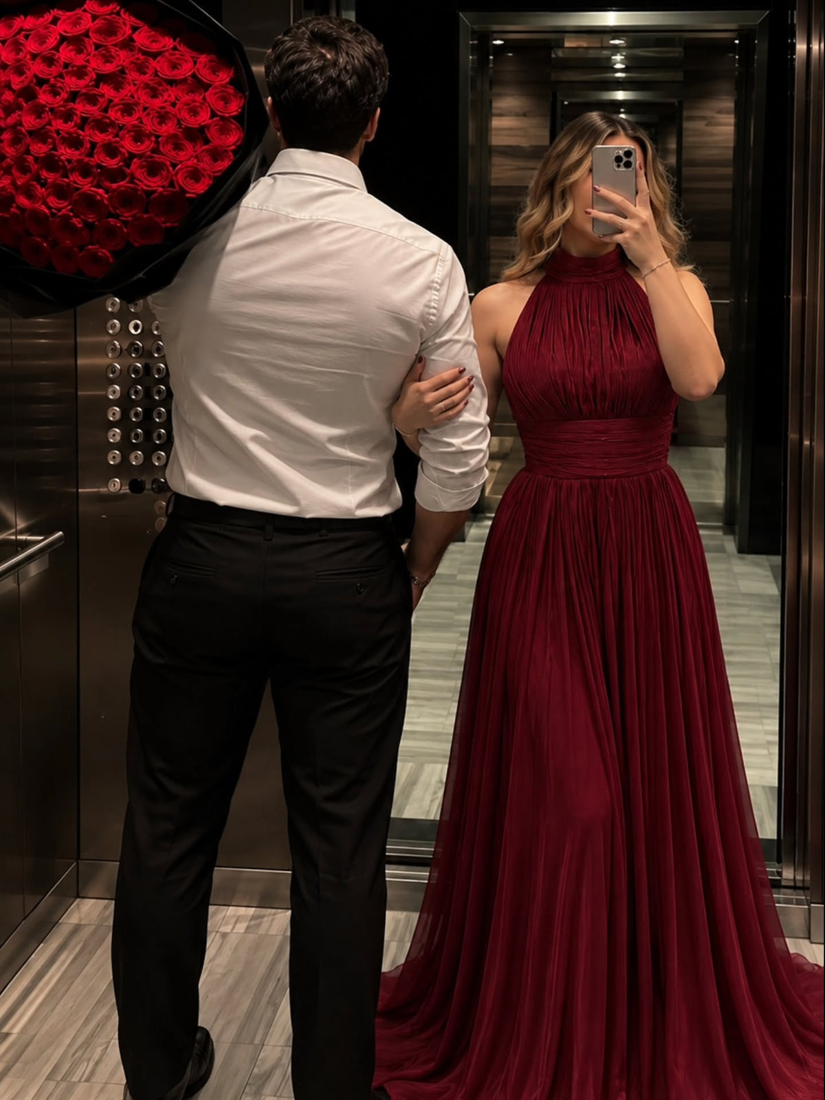 Elegant Burgundy Halter Pleated Evening Gown Flowing A-line