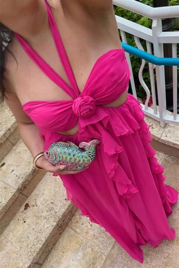Pretty Halter Ruffle Chiffon Long Prom Dress Wedding Guest Outfit