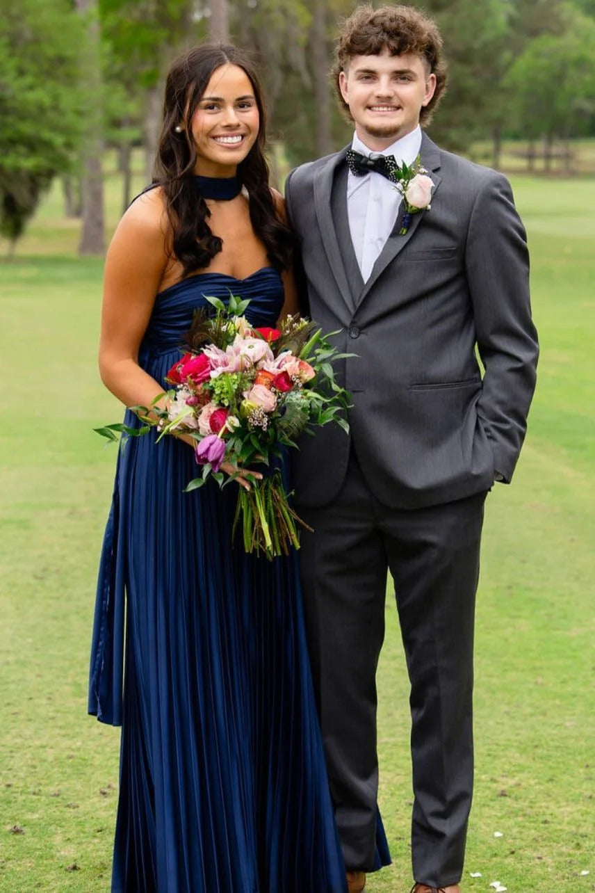 Strapless Pleated Satin Maxi Prom Dress A-Line Evening Gown with Scarf