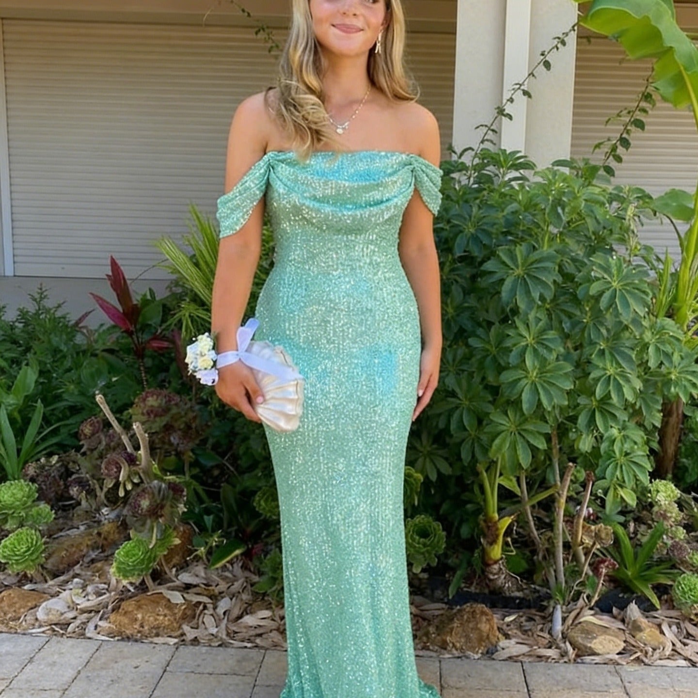 Off Shoulder Mermaid Sequin Prom Dress Floor Length Party Outfit