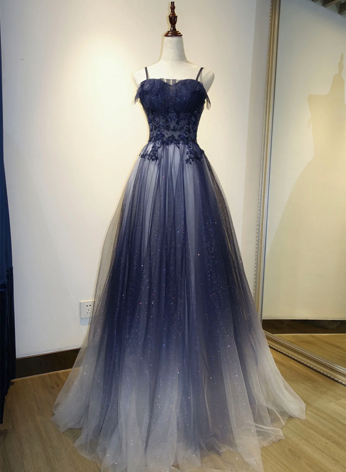 Blue Gradient A-line Tulle Long Formal Dresses Graduation Dress