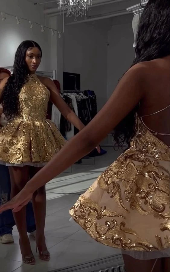 Modest Short Gold Homecoming Dresses Short Backless Hoco Dress