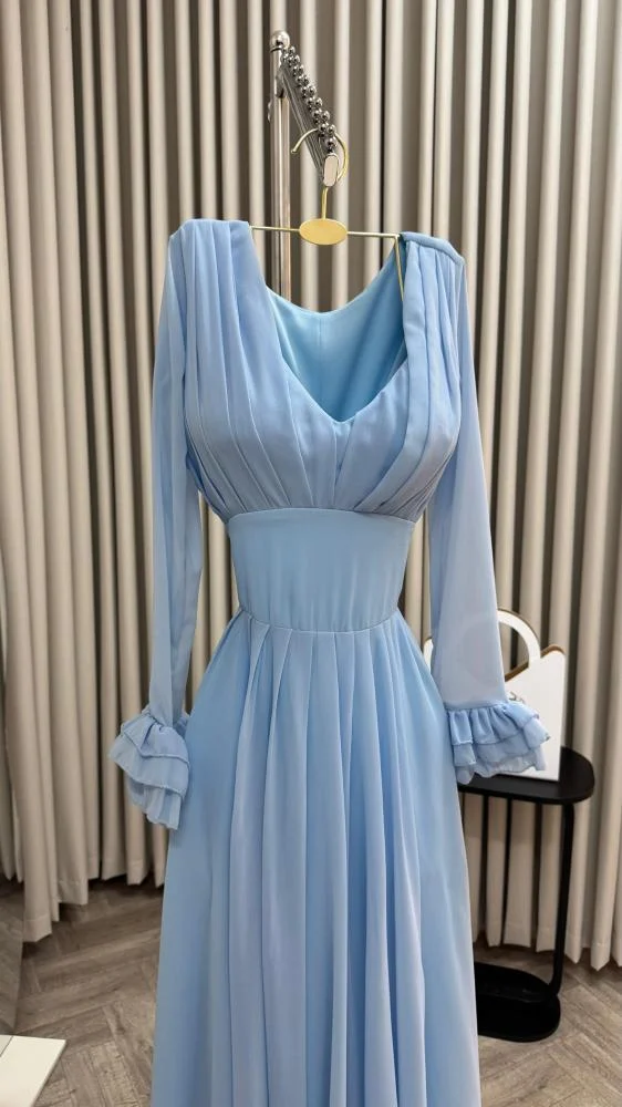 Ice Blue Long Sleeves Formal Dress Chiffon Wedding Guest Dresses