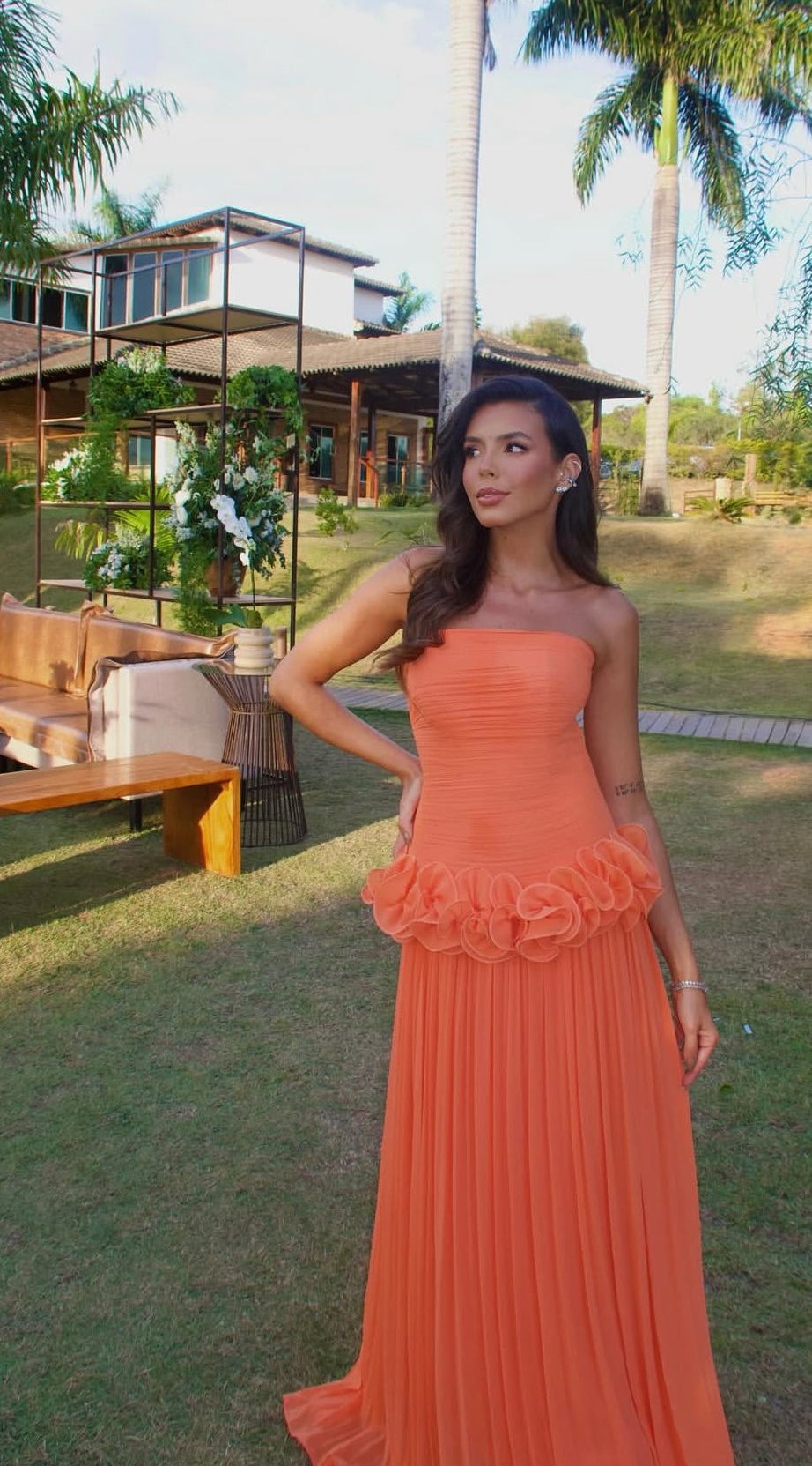 Classy Strapless Orange Long Prom Dress Wedding Guest Dresses  jkprom