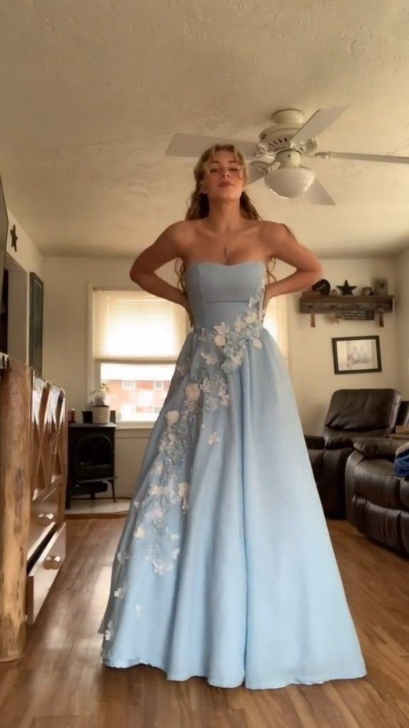 Strapless Light Blue Formal Dress Classy Long A Line Prom Gown