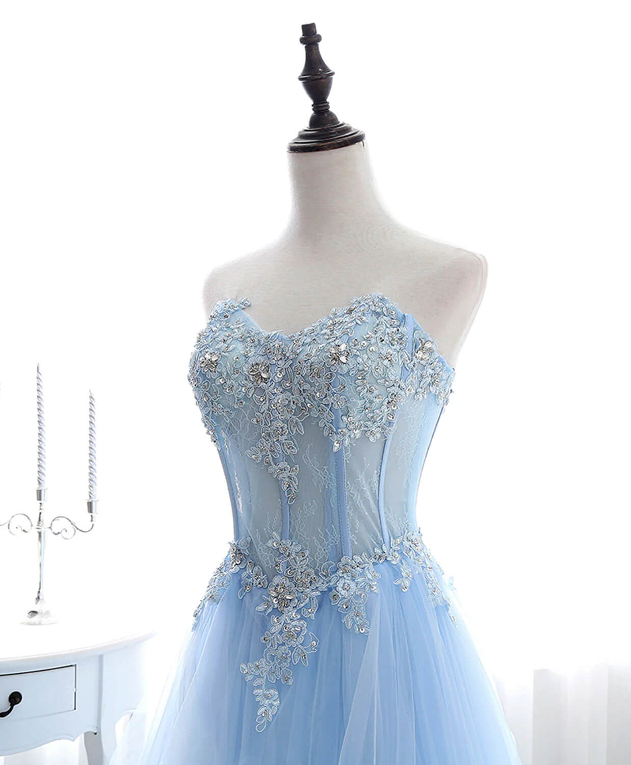 Light Blue Evening Party Dress Ruffled Tulle Long Prom Gown