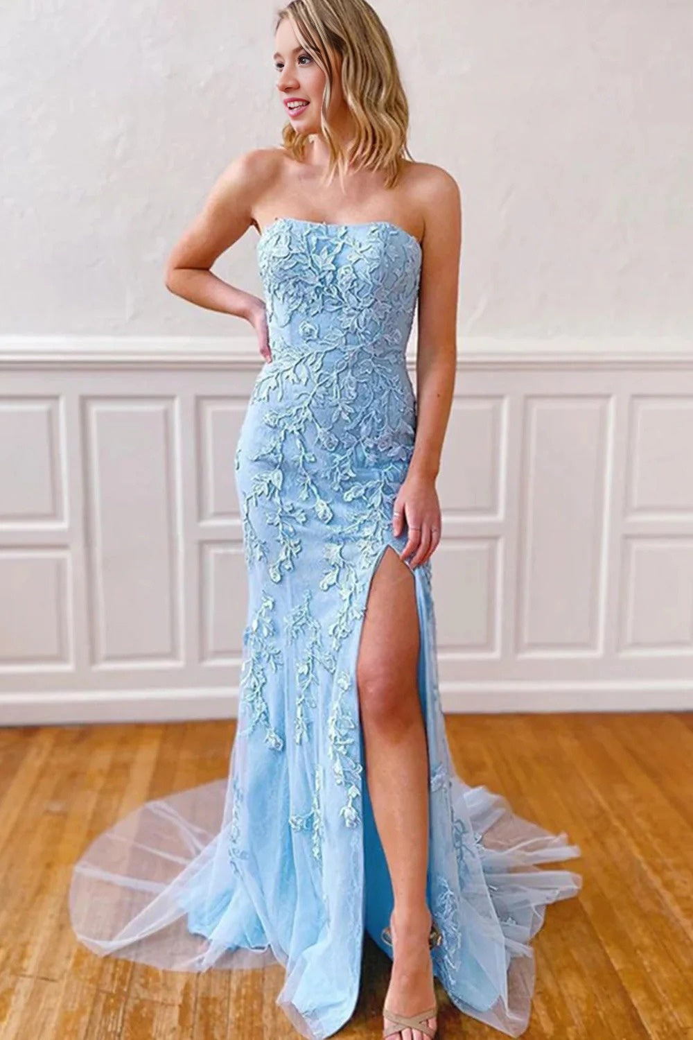 luxury light blue mermaid prom dresses long