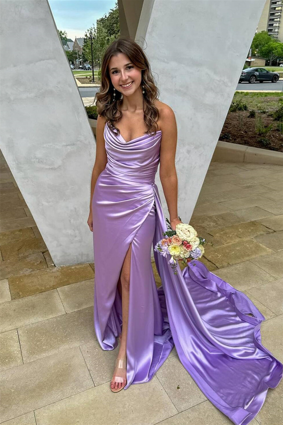 Lilac Prom Dress V Neck Ruched Fitted Formal Gown with Train jkprom Lilac Prom Dress V Neck Ruched Fitted Formal Gown with Train jkprom