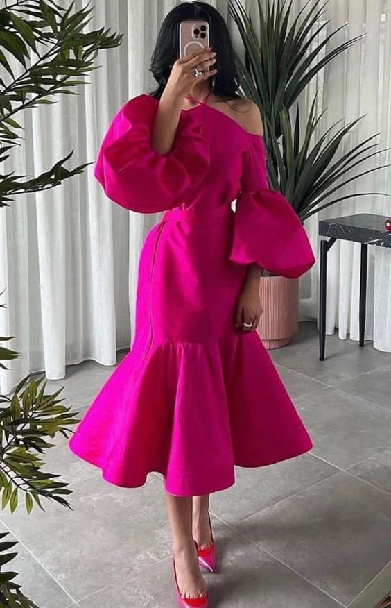 Hot Pink Prom Puff Sleeve Midi Party Dresses Wed Dress Formal Gown jkprom Hot Pink Prom Puff Sleeve Midi Party Dresses Wed Dress Formal Gown jkprom