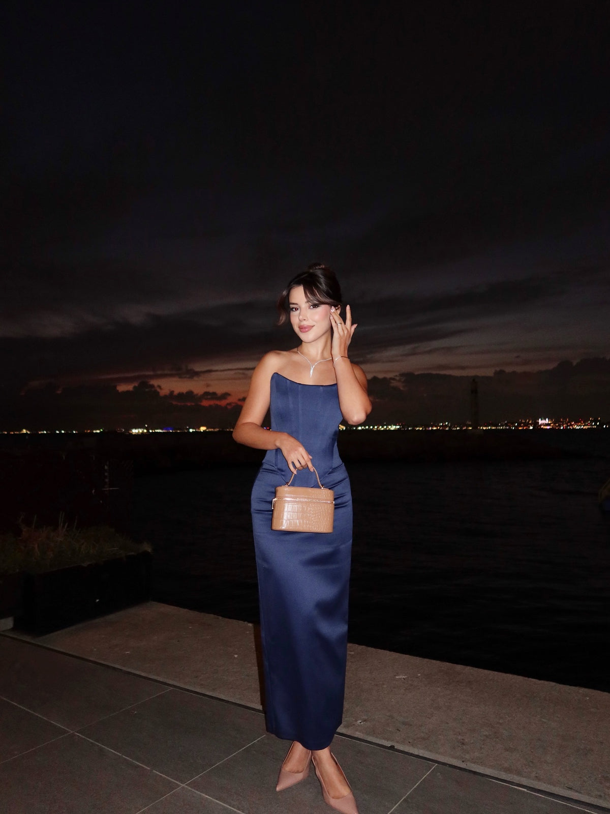 Navy Blue Midi Satin Evening Dress Strapless Wedding Party Dresses