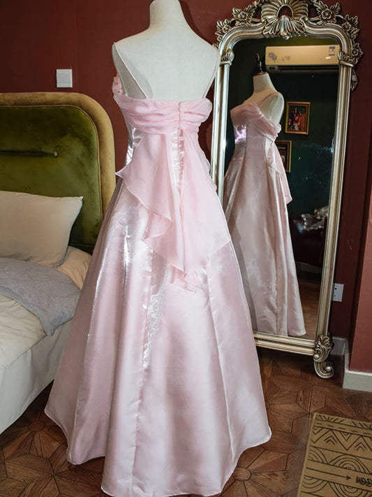 Pink Strapless Satin Prom Dress Long Ball Gowns Open Back