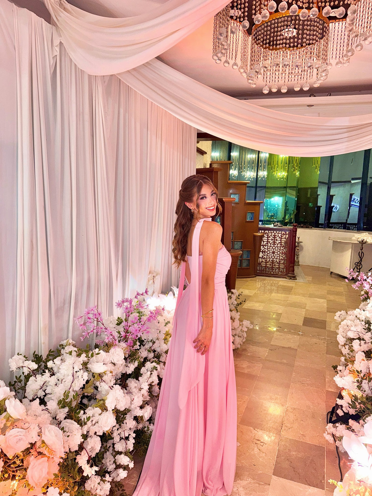 Flowing Pink Long Evening Dress Draped Scarf